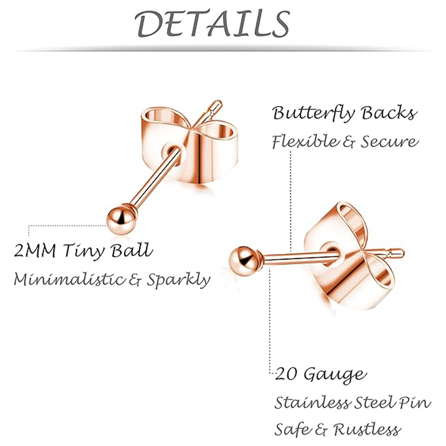 10 Pairs 20G 2mm Tiny Stud Earrings 316L Stainless Steel Small Ball Earring Set For Men Women Rose Gold Tone