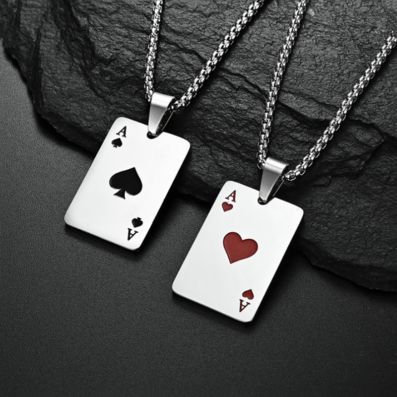 Lucky Spade Necklace Pendant, Hip-Hop Style Heart Ace of Spades Playing Card Cool Clubbing Pendant, Titanium Steel