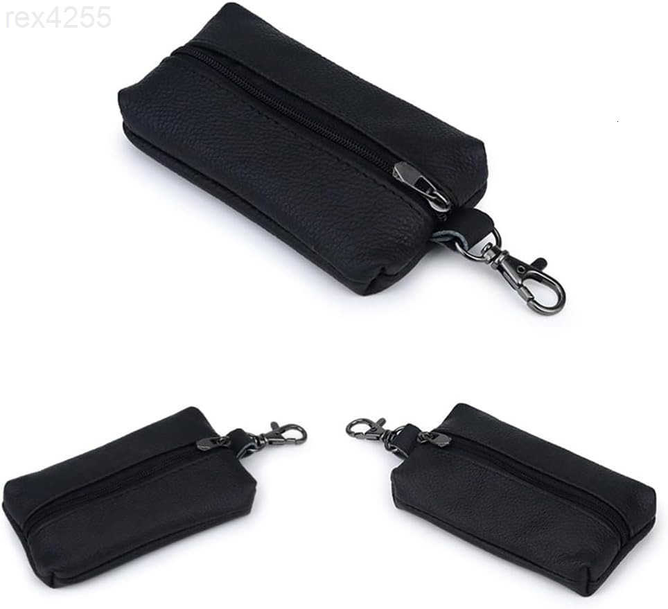 Unisex Genuine Leather Key Case Wallet Pouch Bag Keychain Holder with Key Ring Zipper BlackW250911