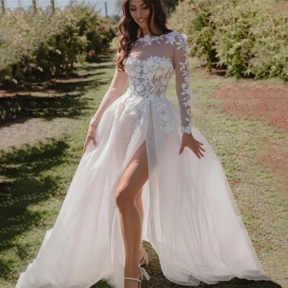 Elegant Charming Wedding Dress 2026 Scoop 3D Flowers Silt Tulle Button Bittons Tulle Princess A-line Church Bridal Bride Gown Vestido de Noiva