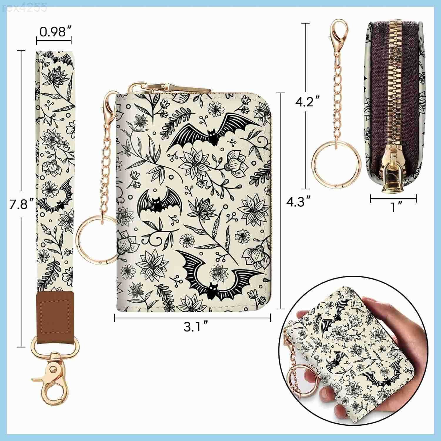 Credit Card Holder for Women Goth Small RFID Blocking Wallet with Wristlet Strap Gothic Zipper Keychain Women Wallet Leather Card Case Wallet Purse wi