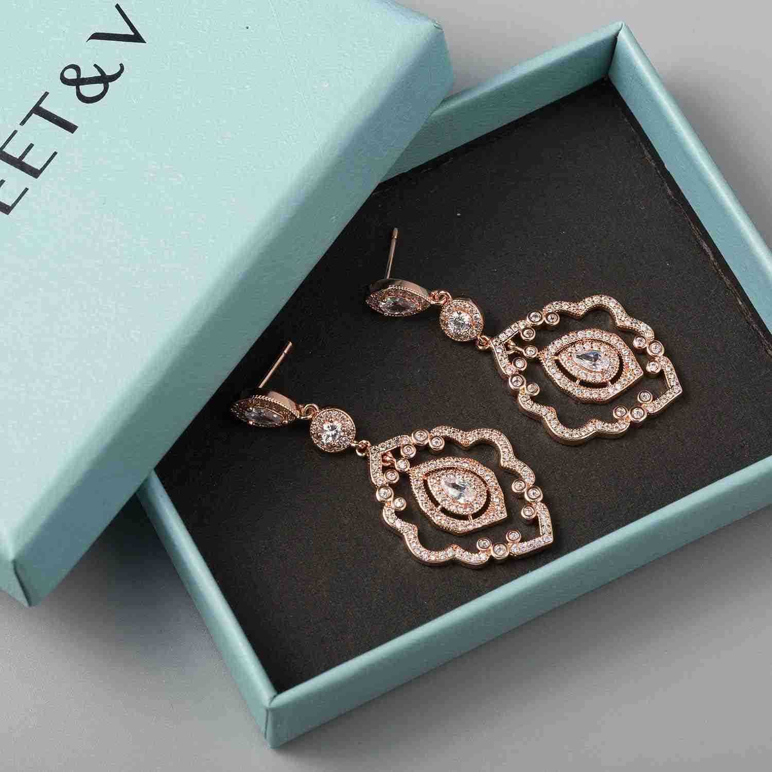 Wedding Earrings Rose Gold Bridal Earrings for Women BridesArt Deco Drop Dangle EarringsW250911
