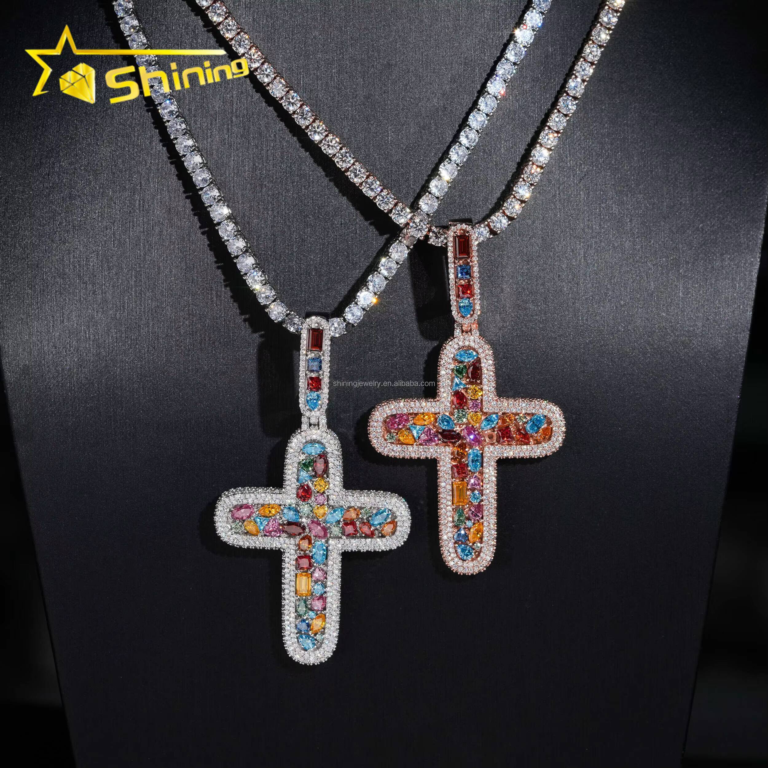 Personalized High Quality Hip Hop Rapper Jewelry Rainbow Color Moissanite Diamond S925 Solid Silver Iced Out Man Cross Pendant