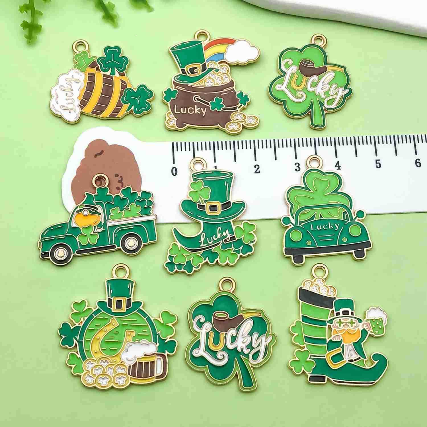 18pcs Alloy enamel green Irish Festival St Patricks Day clover carriage beer glass Jewelry Making DIY Keychain Earrings Pendant Various Design Charms 