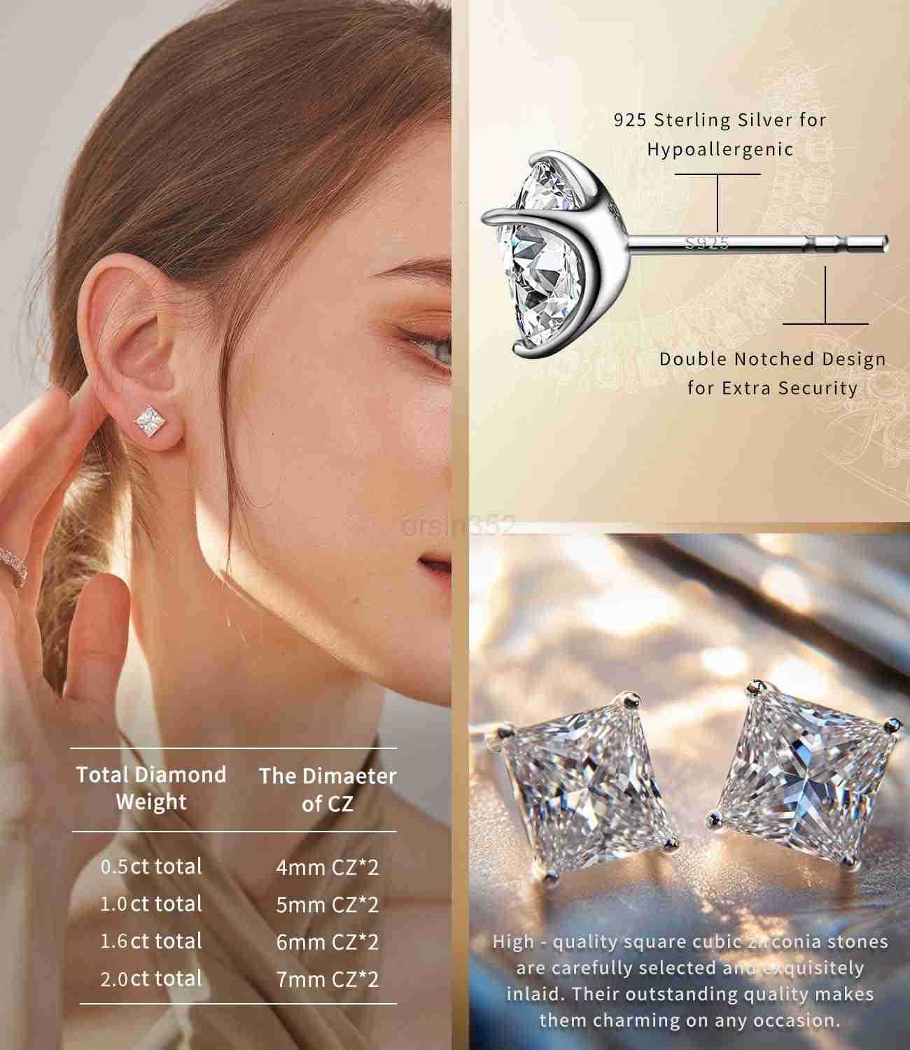 18K Gold Plated Sterling Silver Princess Cut Cubic Zirconia Stud Earrings for men womenW250911