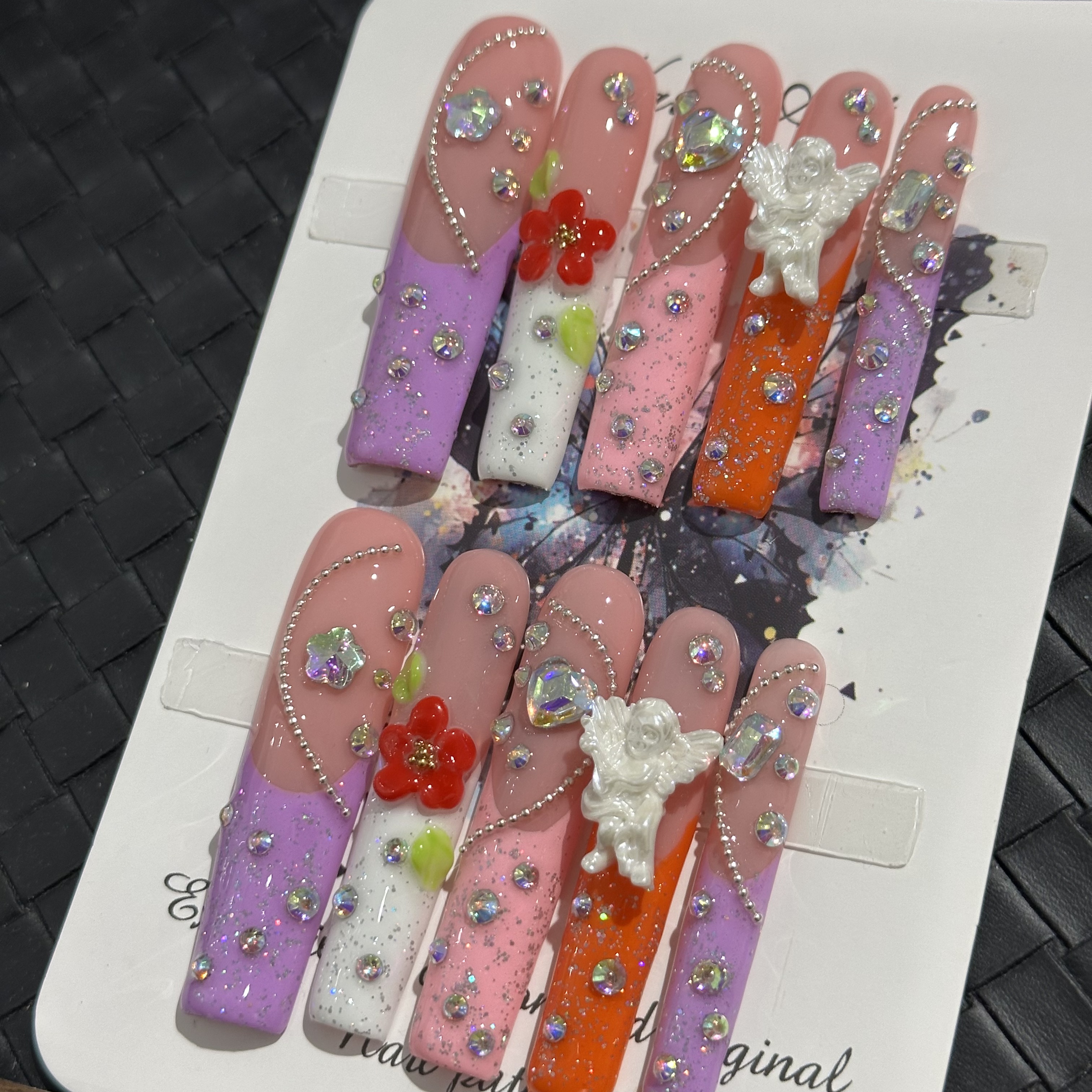 Fake nails, pink flower angel diamonds, hand drawn, trendy and fashionable, European and American Instagram style, extra long, handmade