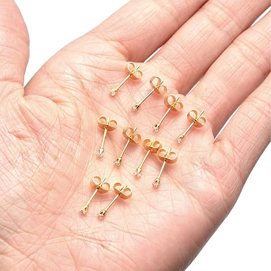10 Pairs 20G 2mm Tiny Stud Earrings 316L Stainless Steel Small CZ Earring Set For Men Women Gold Tone