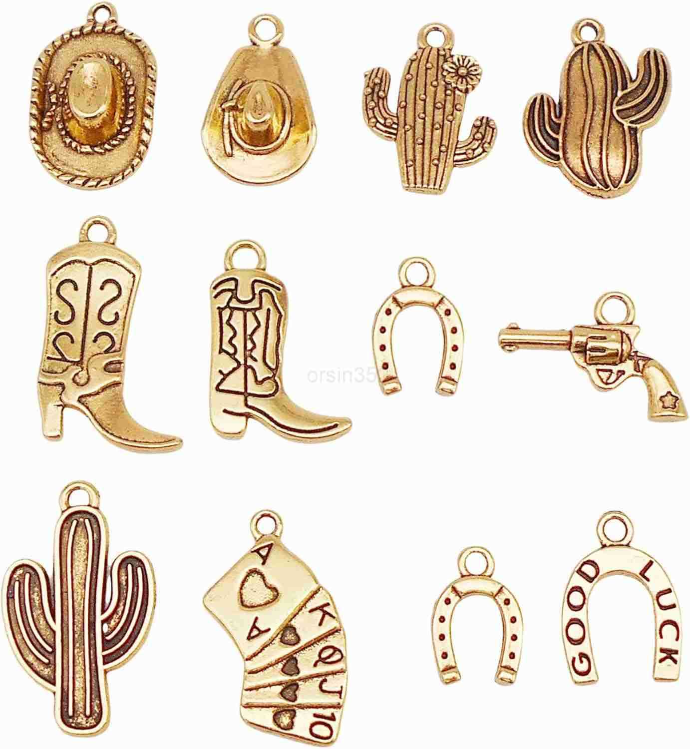 Wang 100 Grams Alloy Western Cowboy Cowgirl Charms Antique Silver Gold Color Boot Hat Pendants for Necklace Earrings Jewelry Making Women Gifts CraftW