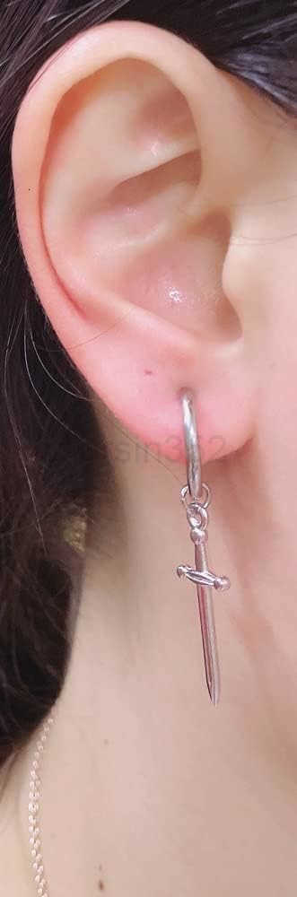 Clip on Dagger Sword Minimalist Dangle Drop Small Hoop Earrings for Men Women Boys Non Pierced Ear 316L Stainless Steel Charms Fake Huggie Hoops Carti