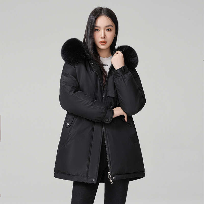 New Women's Korean Version Versatile Mid-Length Jacket Winter Fleece Cotton Coat with Large Fur Collar