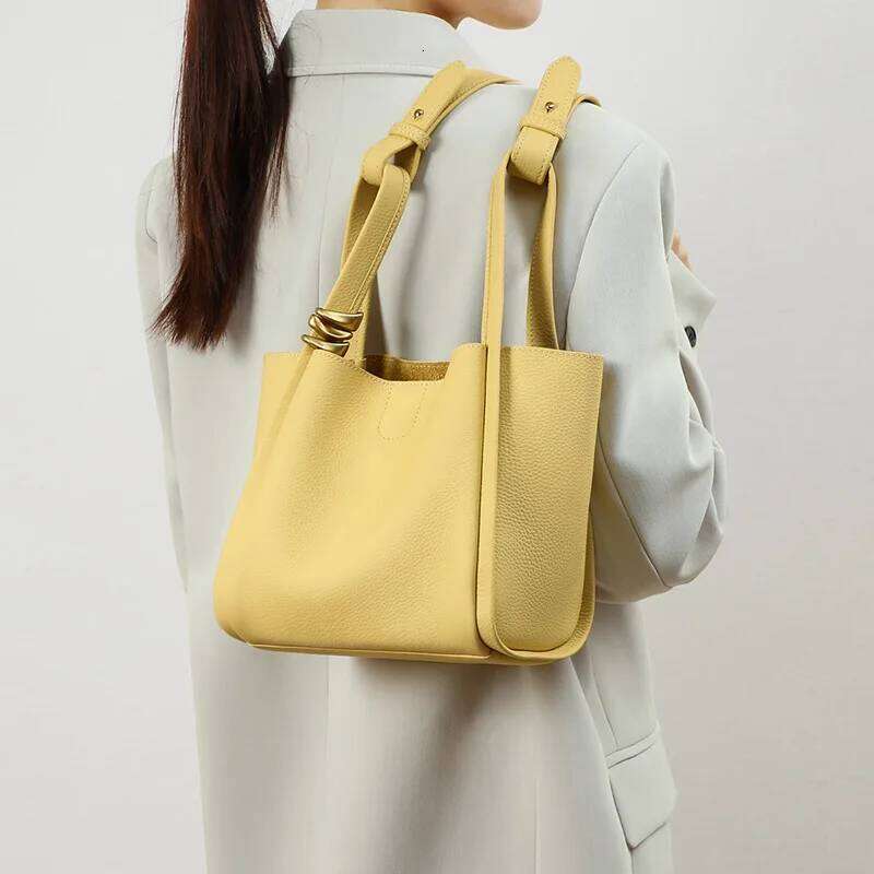 Spring Summer Yellow Bucket Tote Brand Designer Fashion Cowhide Leather Women Handbag Luxurious Ladies Shoulder Bag