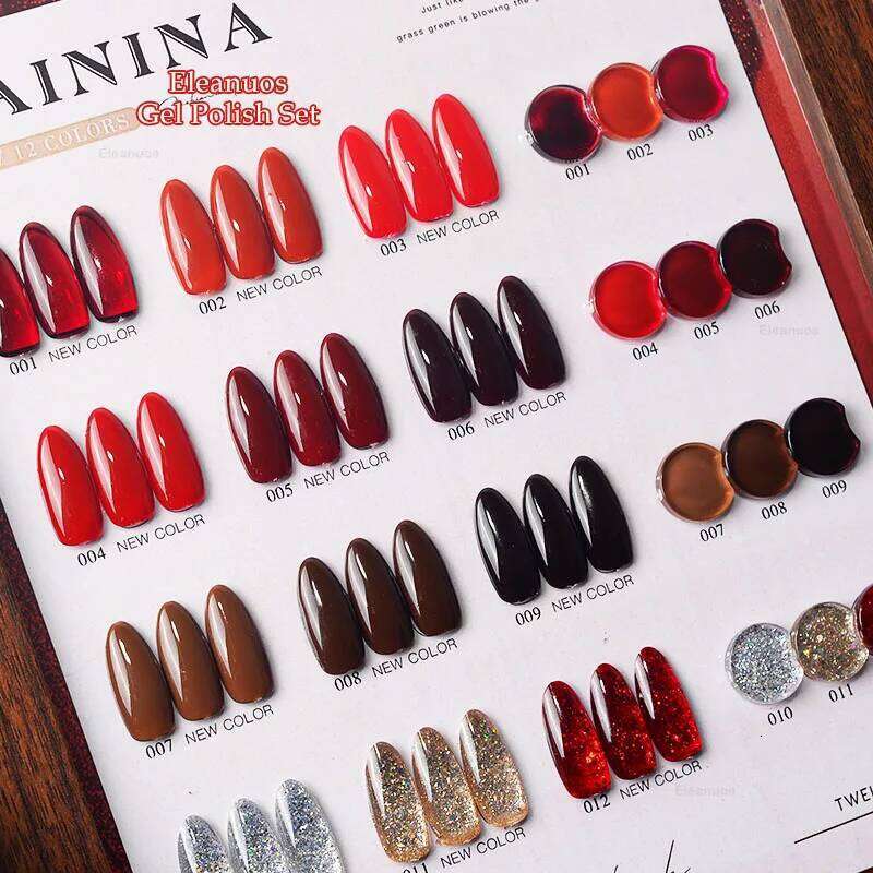 Eleanuos Autumn Winter Red Mixed Gel 12 Color Set Gloss High Quality Durable UV Dia Finish Nail Salon 15Ml Ice Nude