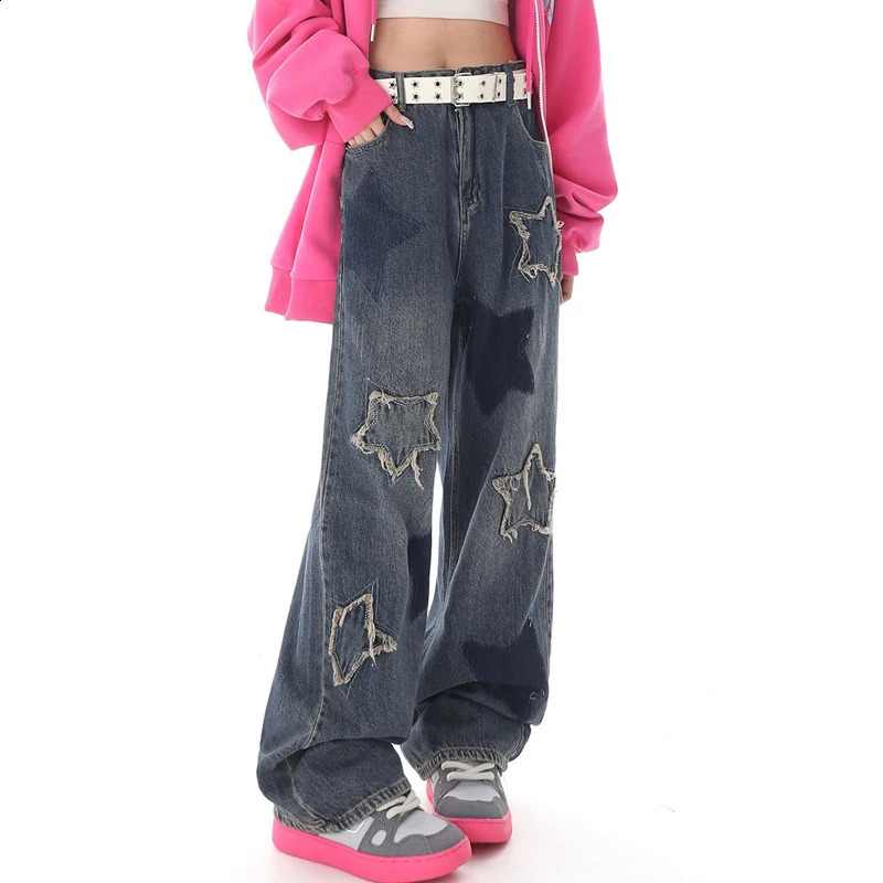 AIJUNER High Waisted Jeans Y2K Fashion Women Star Printed Blue Straight Leg Denim Pants Trousers Mom Jean Baggy 250911