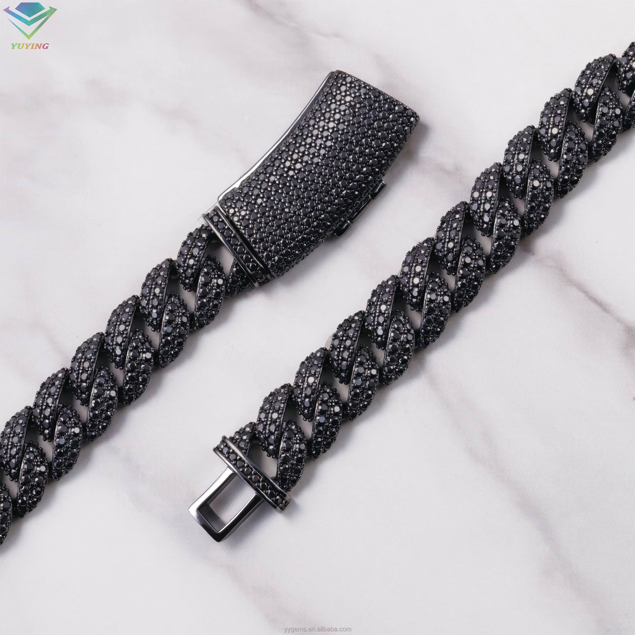 VVS Moissanite Black Plated Iced Out Chain Jewelry 9mm 13mm S925 Silver Black Diamond Cuban Link Chain Hip Hop Fashion Jewelry