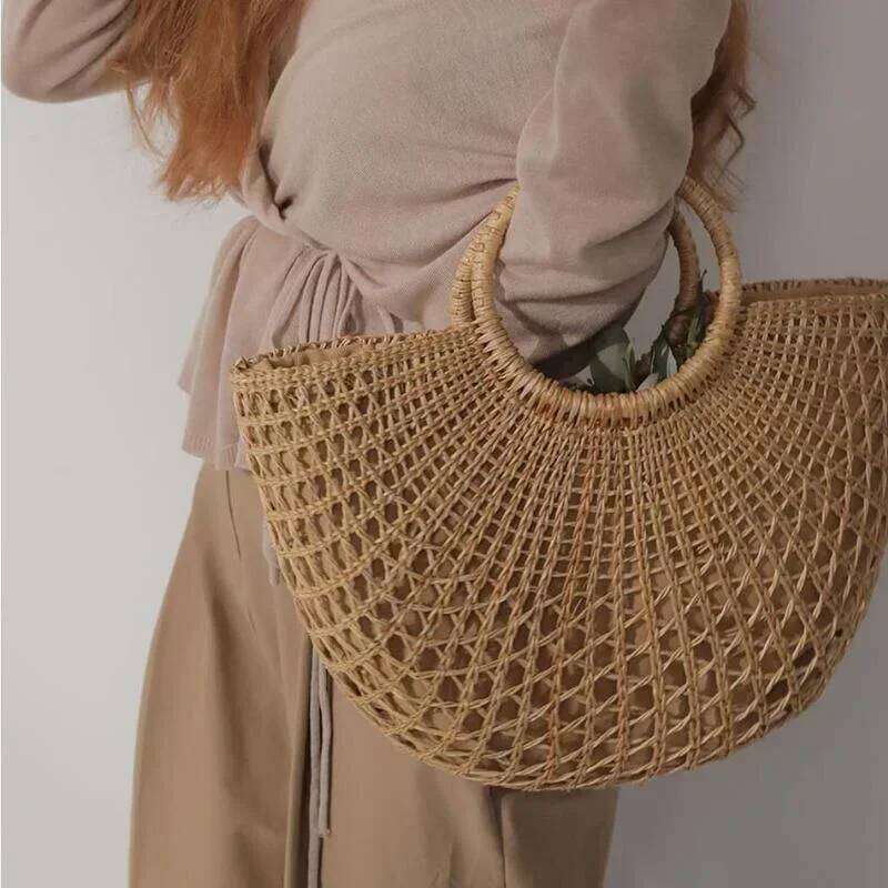 Summer Boho Rattan Large Capacity Eco-Friendly Handbags Retro Semi-Circle Top-Handle Casual Tote Bag Hollow Out Beach Bags