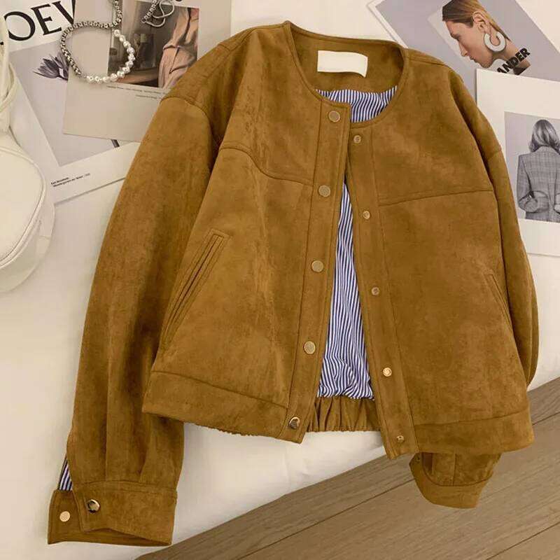 Suede Short Jacket Women Korean Camel Fashion Long Sleeve Flight Suit Haruku Single Breasted Loose Tops Female Vintage Coats