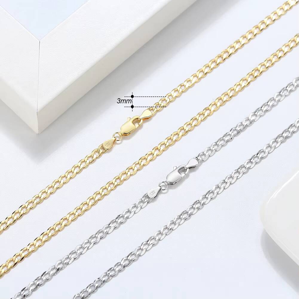 RINNTIN BSC603 Solid 925 Sterling Silver 18K Gold Plated Italian 3mm Diamond Cut Cuban Link Curb Chain Necklace for Women Men