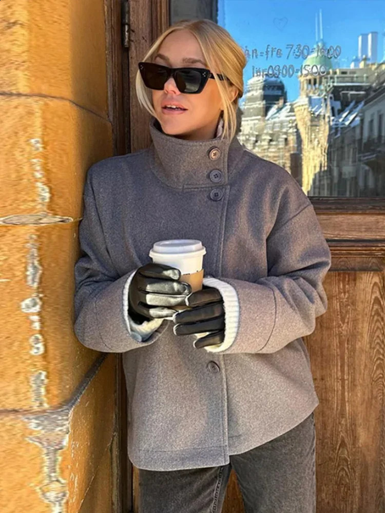 Solid Woolen Blend Casual Coat Women Stand Collar Long Sleeve Single Breasted Fashion Jacket Autumn Lady High Street Outwear 250911