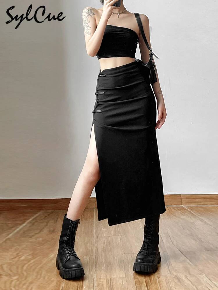 Nibber Black Sexy Split Simple Casual All-Match Hot Street Outing Cool Mature Vitality Personality Trend Basic Women'S Skirt dongdumaoyi