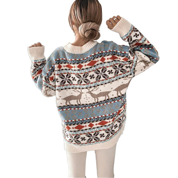 New retro Christmas outfit men deer jacquard sweater autumn and winter loose lazy style men and women sweater men clothing