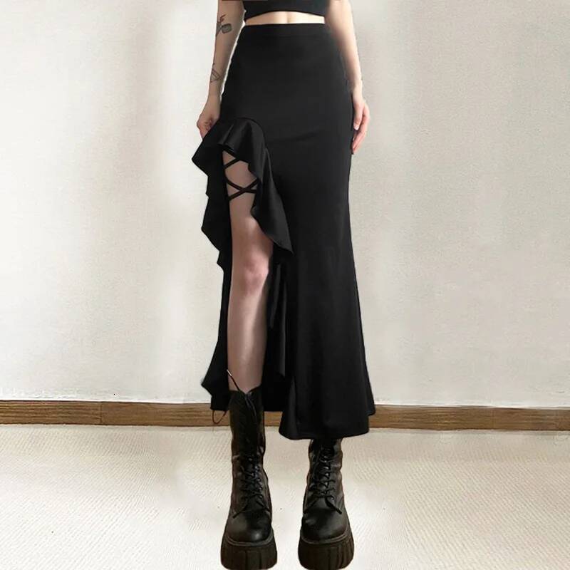 Nibber All-match Commuter Casual Young Girl Summer New Black Cross Simple Sexy Cool Breathable Soft Women's Knit Split Skirt dongdumaoyi