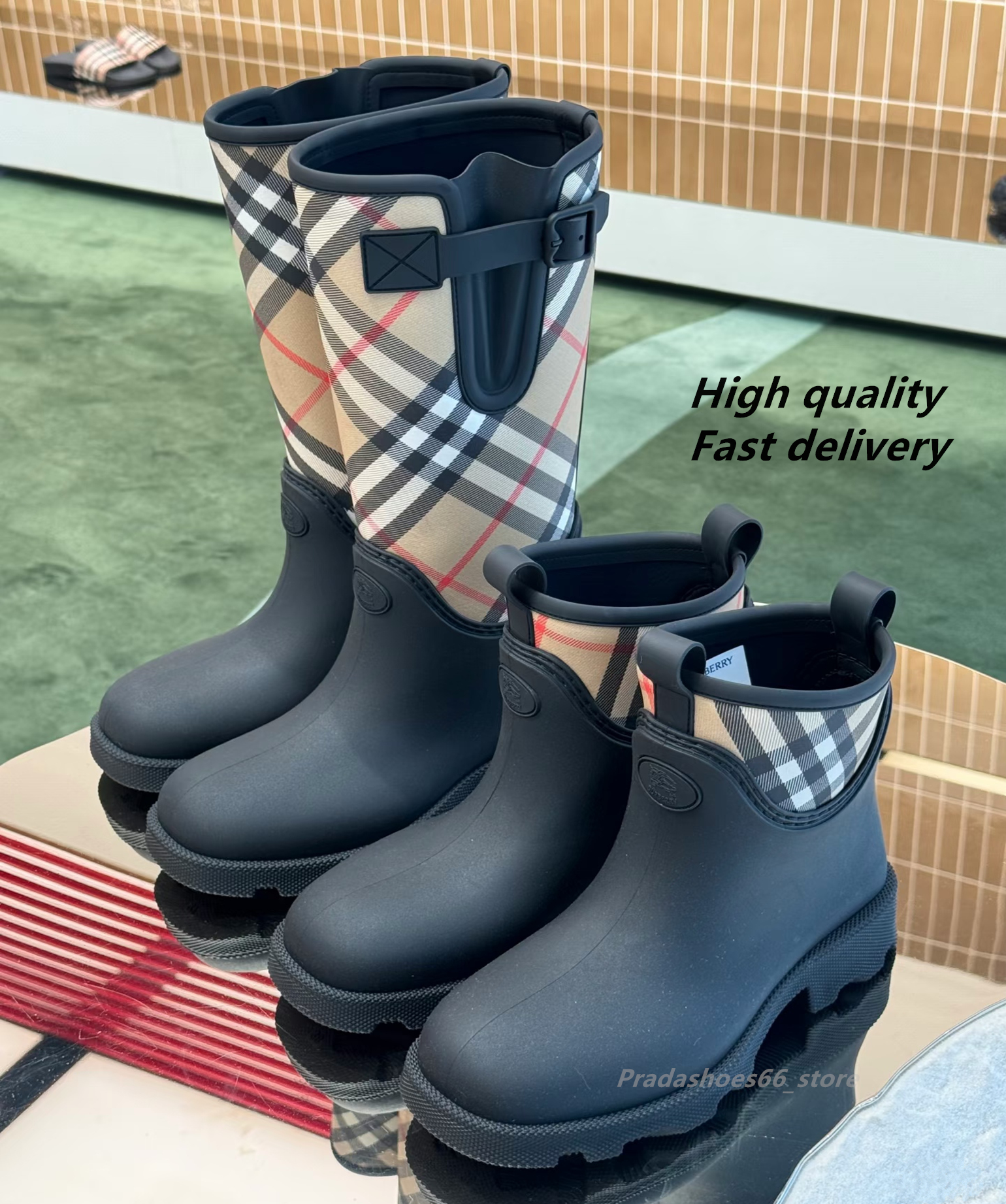 Luxury designer Rain boots Plaid Style Women Shoes heel height Platform Shoes Woman Ankle Rock Boots Metal Decor Woman Martin boots berry botte Marsh Stamp