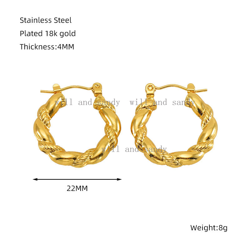 Non Tarnish 18K Gold Braid Hoop Earrings Shining Stainless Steel Buckle Earring Wedding Bridesmaid Earrings for Woman Girls Hip Hop Fashion Luxury Jew