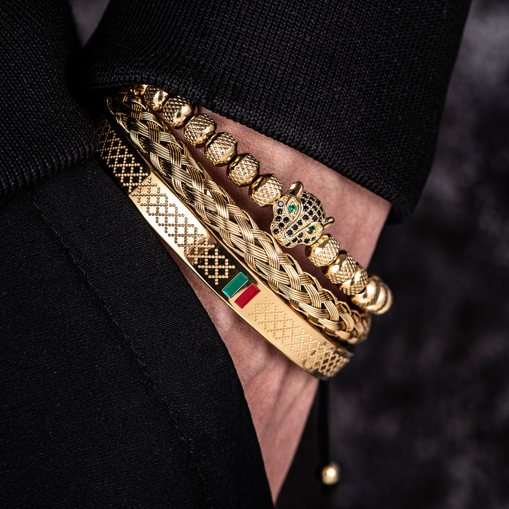 Micro-inlaid Leopard Head Bracelet Set Stainless Steel Green Red And Green Striped Bracelet Designer Jewelry for Men