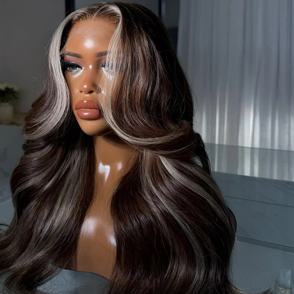 Transparent Highlight Blue Body Wave Human Hair Wigs Blue with Blonde 13x4 5x5 HD Lace Closure Wig Preplucked Brazilian Hair Wigs for Women