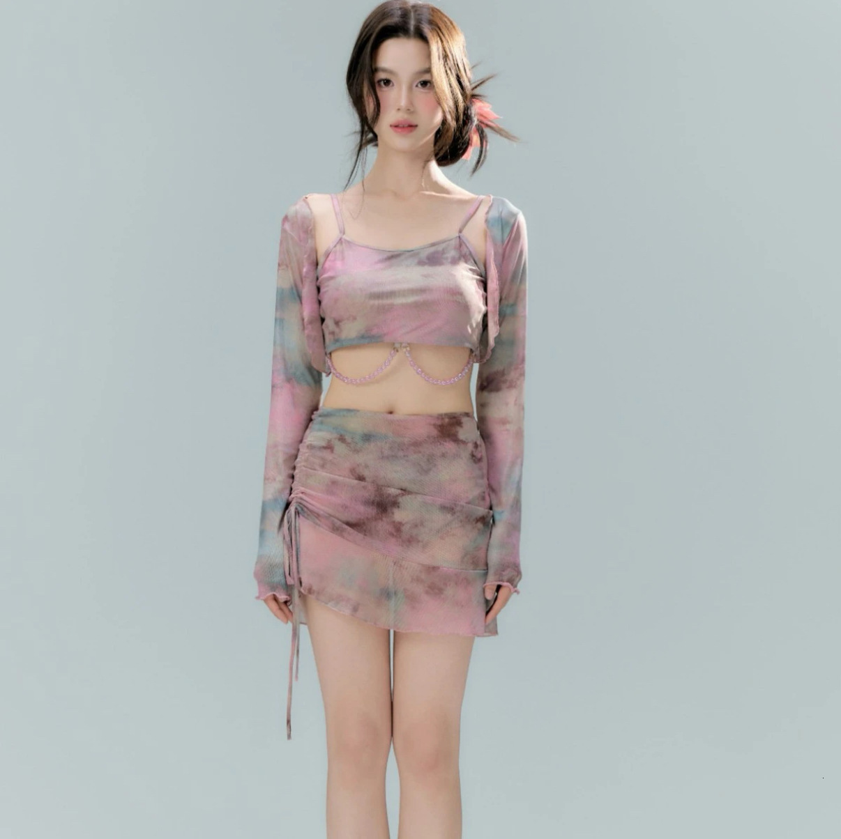 Korean INS Swimsuit for Women, High-End Two-Piece Four-Piece Set, Tie-Dye with Long Sleeve Cover-Up, Slimming Internet Celebrity Style Swimwear