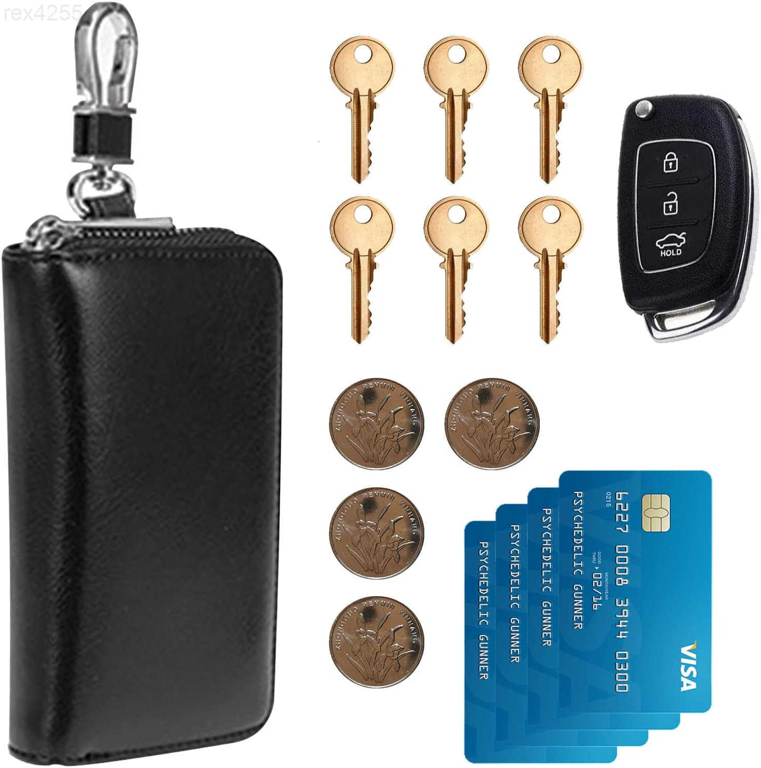 Leather Car Key Case Holder Black Keychain Case Bag Universal Car Key Fob Bags for Men Women Auto Key Chain Protector Cover Key Ring Zipper Bag with 6