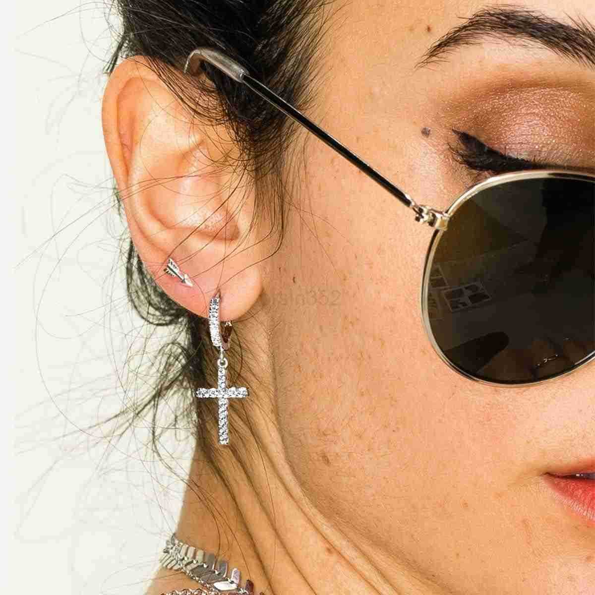 14K Gold Plated Drop Dangle Cross Hoop Earrings Trendy Gold Cross Earrings for Women Small CZ Huggie Hoops Dangling Diamond Cross Earrings for Men Hyp