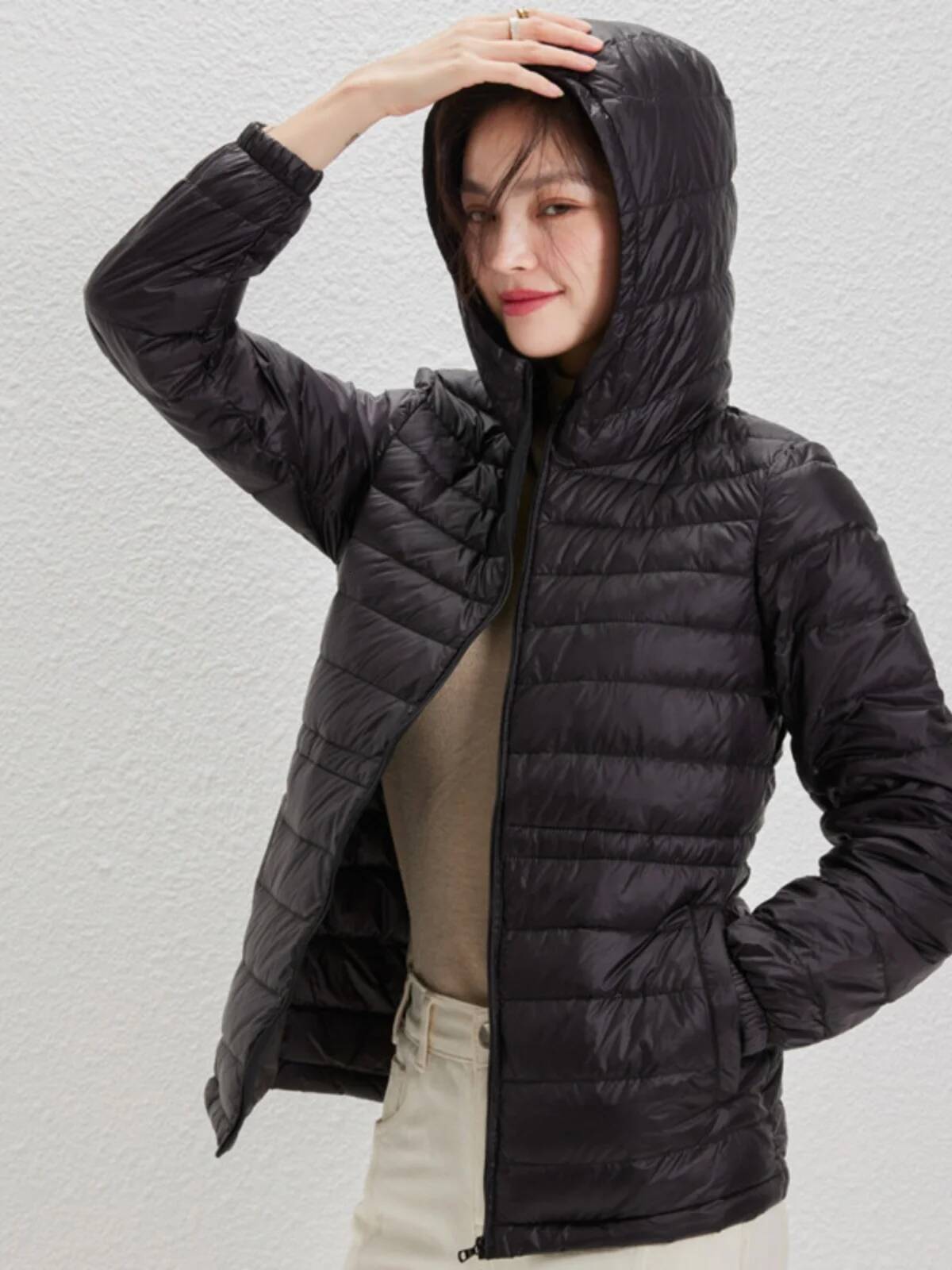 Women's Lightweight ort Puffer Jaet with Dstring Waist Hooded Casual Outerwear Warm Comfortable Commute Sle Nylon Fa...