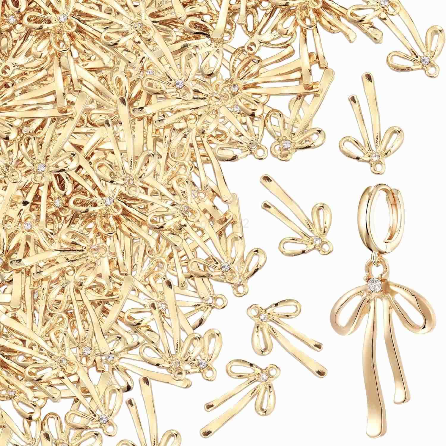 48 Pcs 18k Gold Plated Bowknot Charms Metal Bow Tie DIY Earrings Necklaces Pendant Rhinestone Bowknot Charms for Jewelry Making DIY Crafts Supplies fo