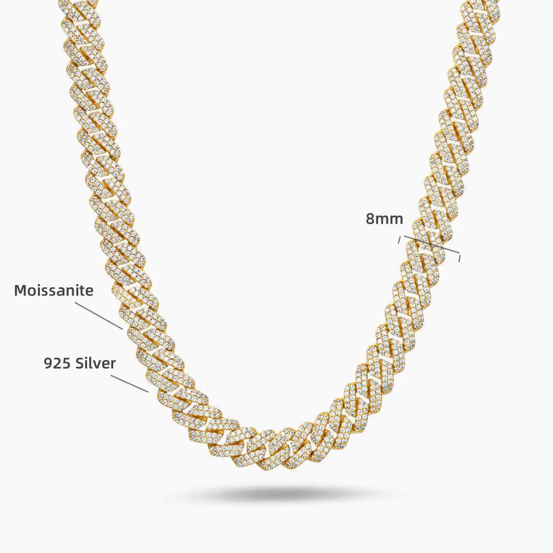 925 Silver D Color Moissanite Cuban Chain 8mm Prong Set Hip Hop Necklace Certified Street Jewelry GRA Certified