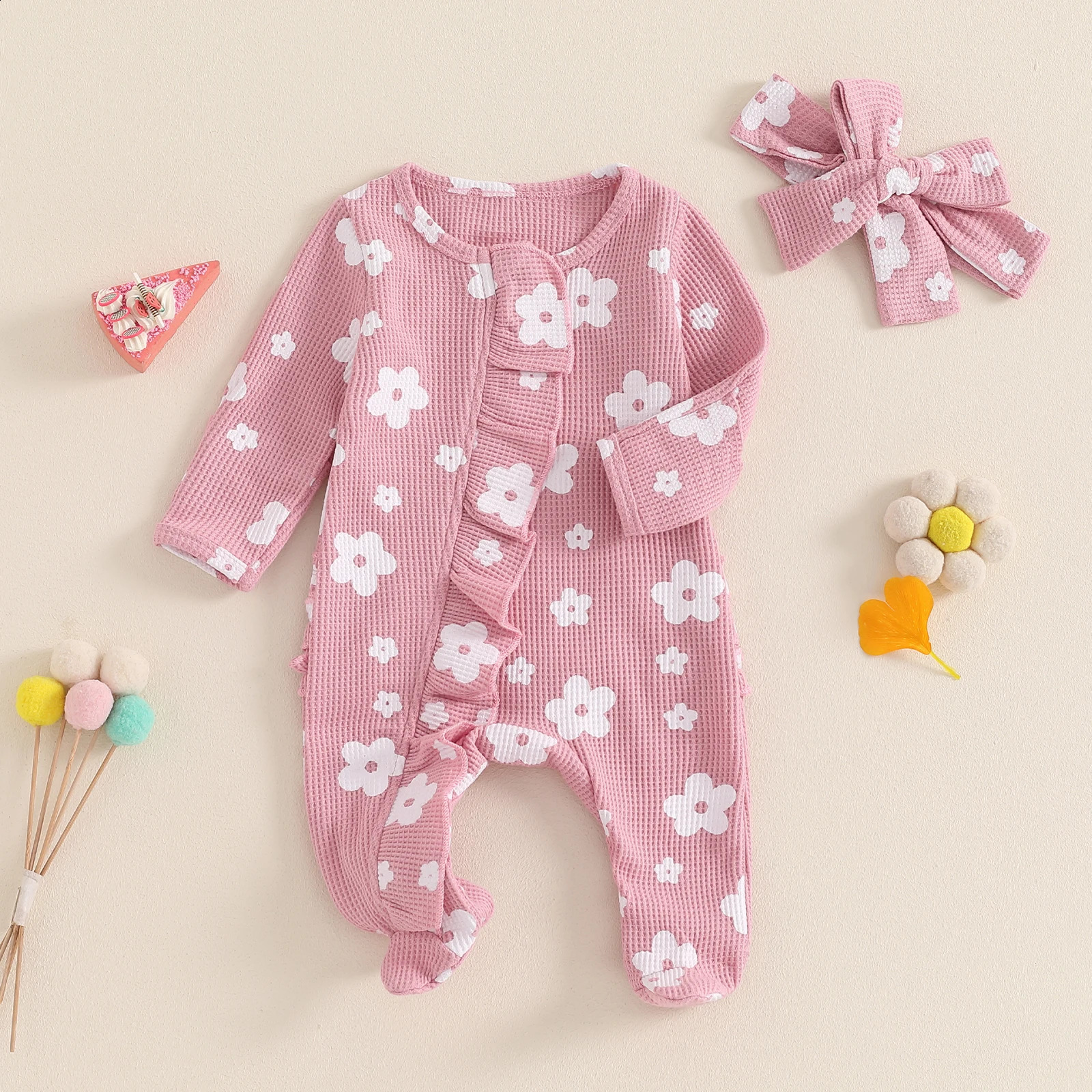 Toddler Baby Girls Floral Footies Jumpsuit and Headband Children Cotton Long Sleeve Frills Zipped Autumn Spring Kids Clothes 250910