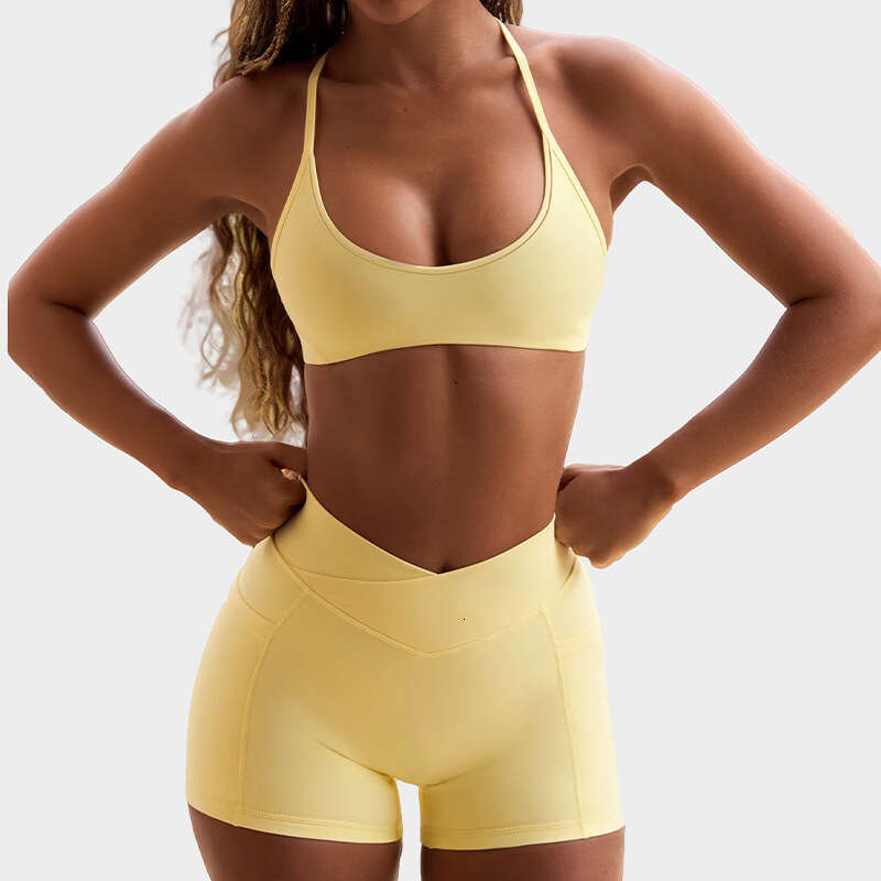 High Elasticity Halter Beauty Back Bra Cross Waist Fiess Three-Point Shorts Yoga Outfit Sports Set