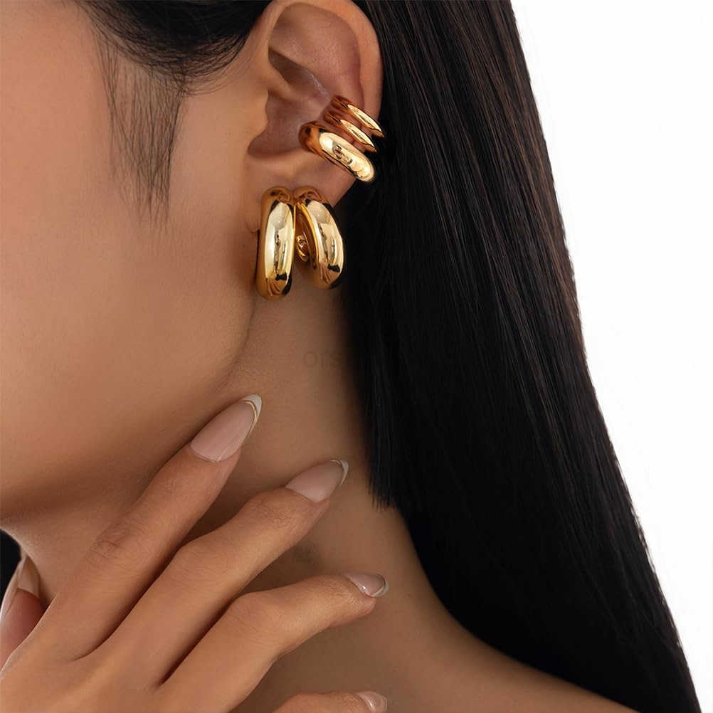 5Pcs Ear Cuff Earrings Statement Gold Round Huggie Hoop Chunky Big Silver Clip On Non Piercing Cuff Earring for Women Charm Thick Trendy Party Jewelry