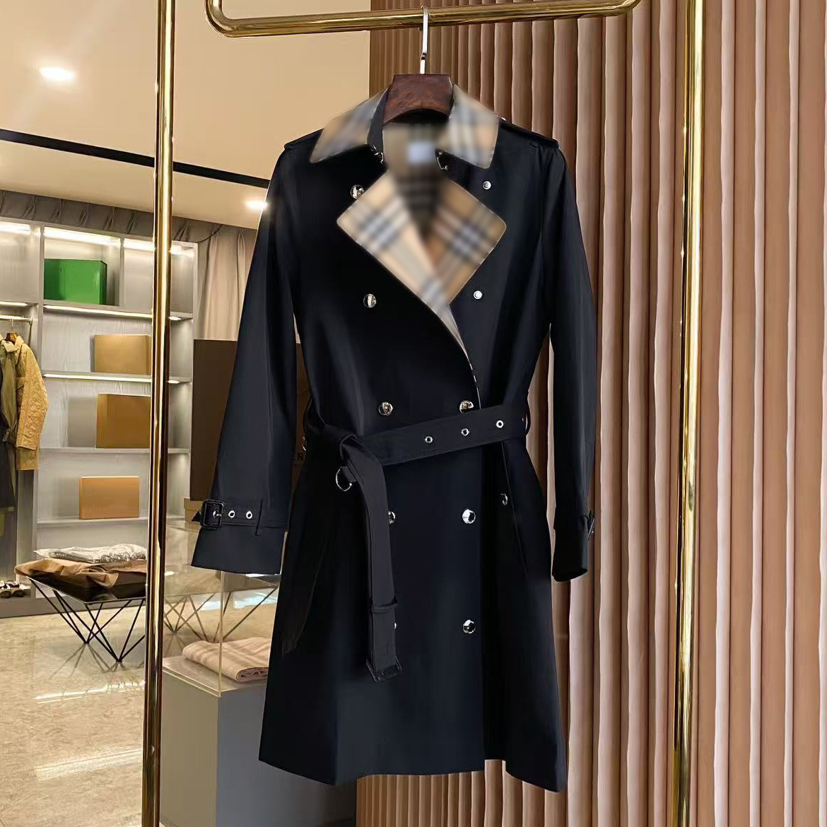 26SS luxury high-quality women's trench coat, designer classic plaid mid-length autumn trench coat, double-breasted slim-fit belted women's coat.