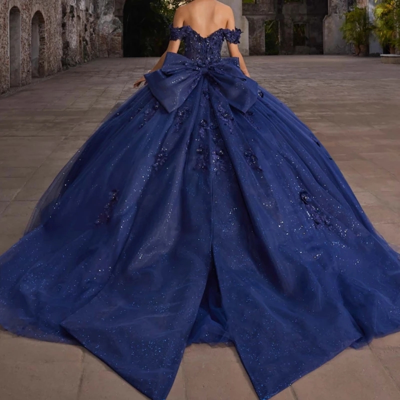 Navy Blue Shiny Quinceanera Dresses Ball Gown Off The Shoulder Applique Flower Beads Bow Tull Party Birthday Sweet 16 Dress Vestidos 15 De Anos