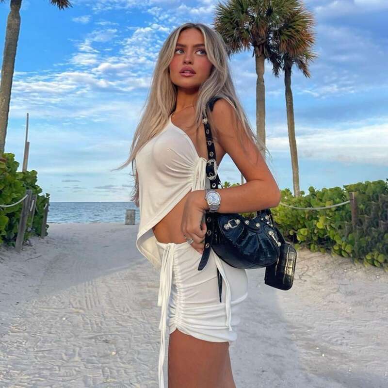 Ins Style Niche Fashion Summer Single Shoulder Design Vest Ruched Short Skirt Two-Piece Set for Women
