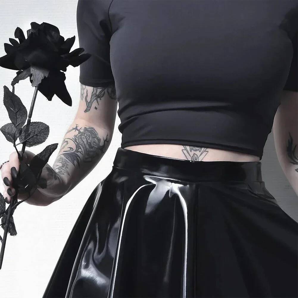 Womens Shiny PVC Patent Sexy Wet Look Leather Pleated Front Bodycon Elastic Latex Mini Short Skirt dongdumaoyi