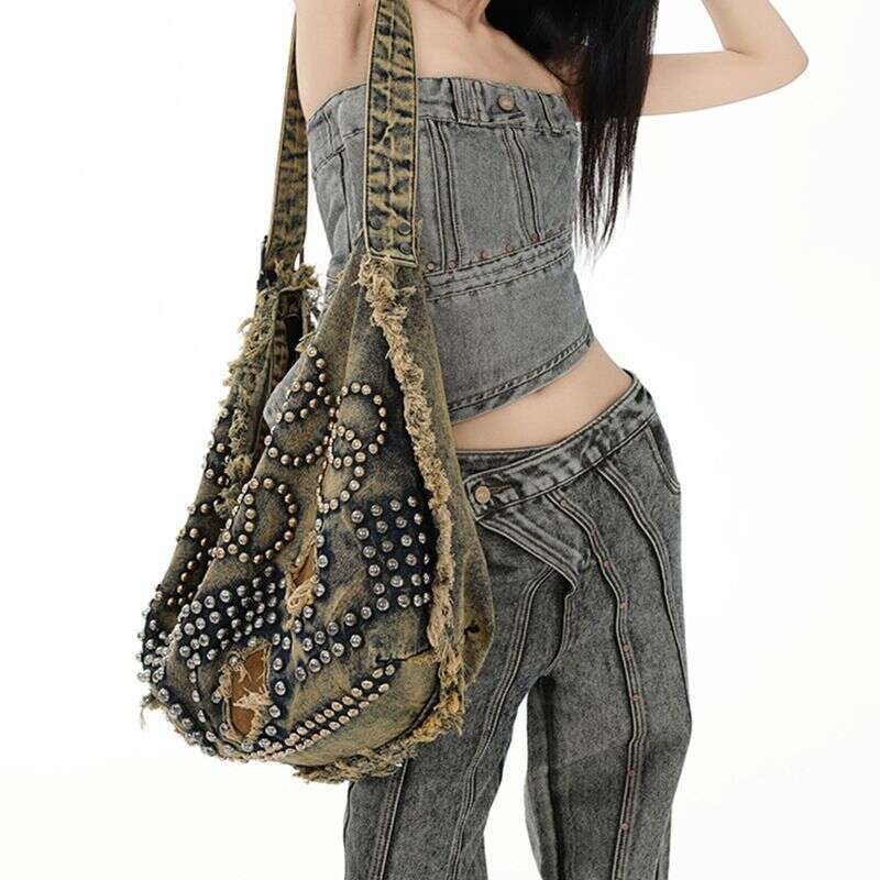 2025 Denim American Fashion Rivet Design Crossbody Bag