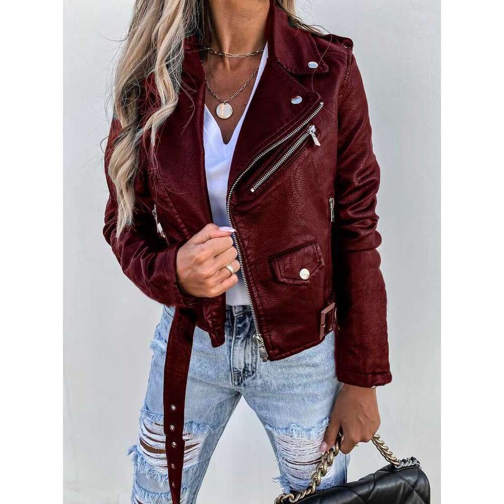 Women's Top PU Leather Jacket Motorcycle Short Zipper