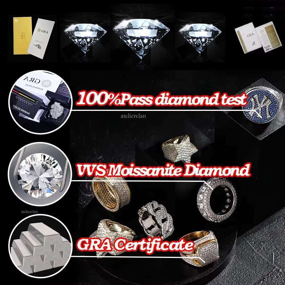 Custom High Quality Gold Plated Hip Hop Men D VVS Sterling Sier Moissanite Ring