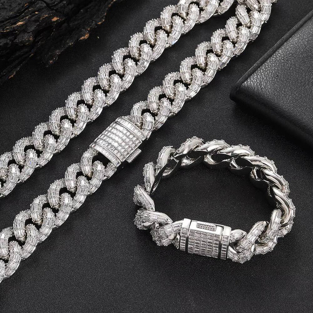 NUOYA High Quality Hip Hop Two Tone Cuban Link Necklace Women Baguette CZ Diamond Chunky Chain Brass Necklace for Men Woman