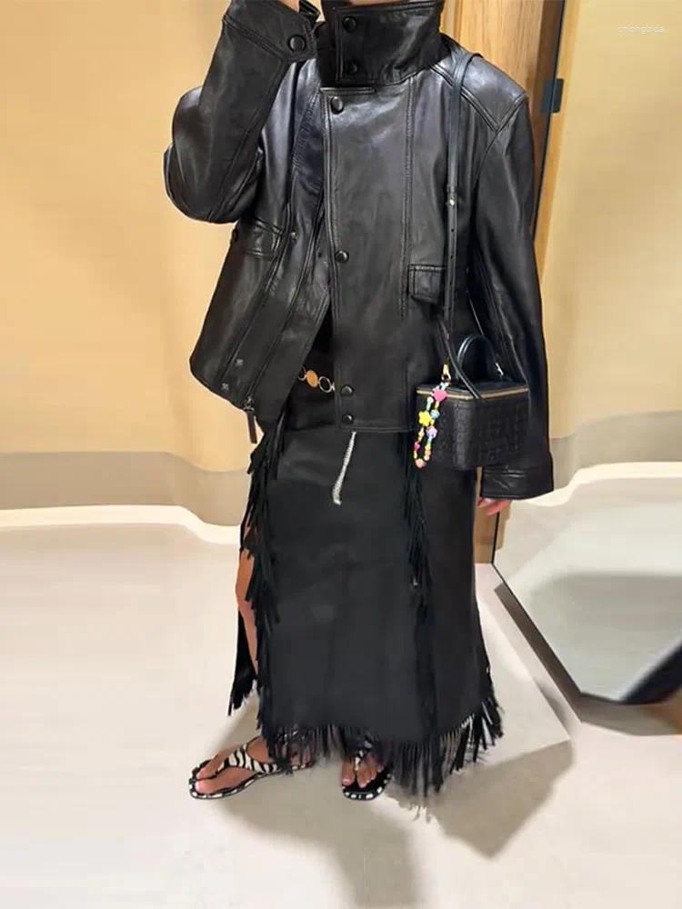 Women's Jackets Fashion Pu Leather Stand Collar Jacket Women Solid Loose Long Sleeve Button Street 2025 Black Pockets Zipper Outwear