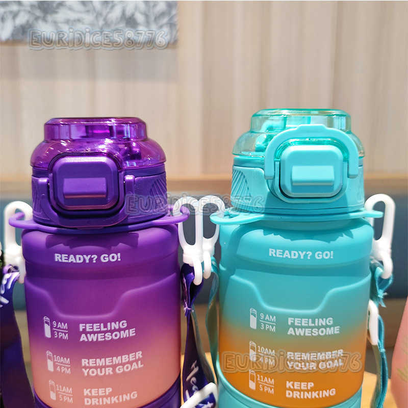 New Gradient Color Space Cup Straw Portable Strap Plastic Water Bottle Outdoor Fitness Sports Water Bottle H250911