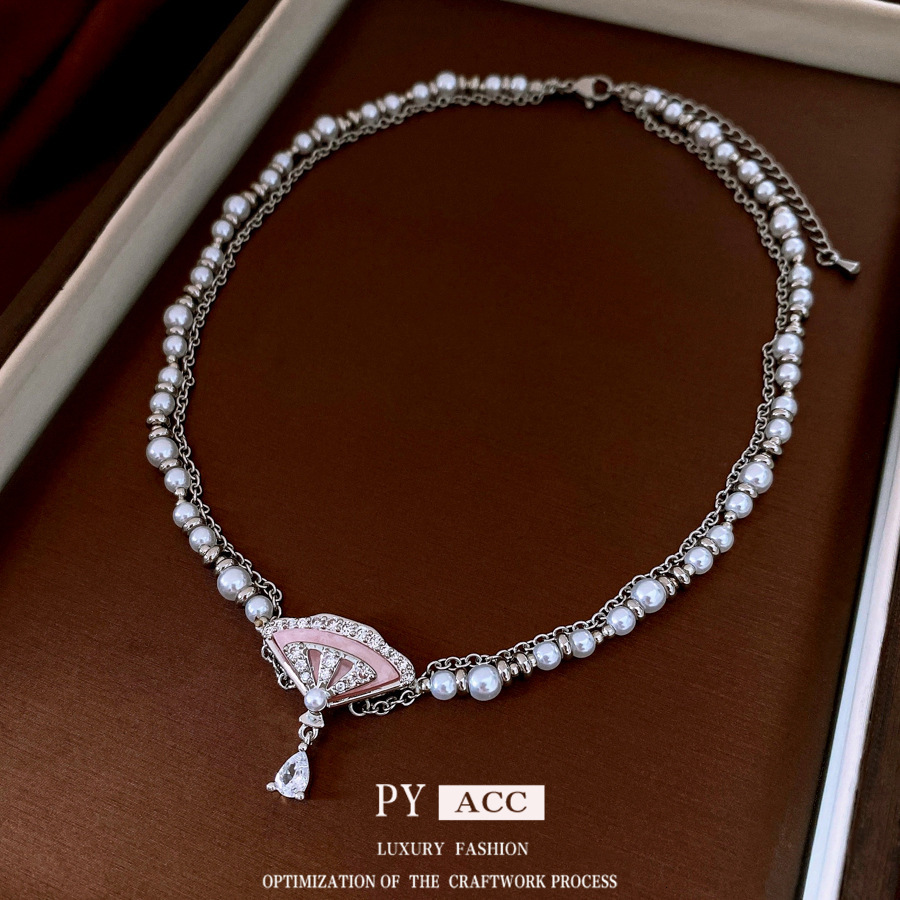 Luxury Brand Designer Jewelry Light Luxury Zircon Pearl Fan-Shaped Water Drop Necklace French Retro Versatile Collarbone Chain Niche High-End Sense Ne