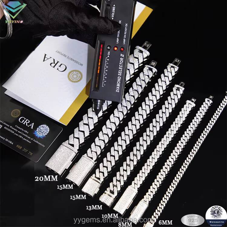 8MM20MM Wide S925 Silver Gold Plated Iced Out Moissanite Diamond Bracelet for Hip Hop Jewelry